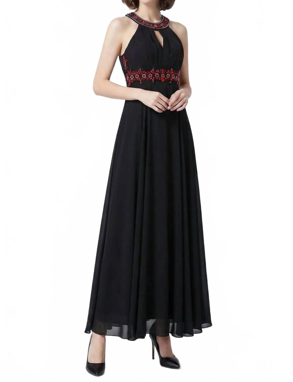 NEW SUE WONG women's halter beaded cutout back evening dress in black